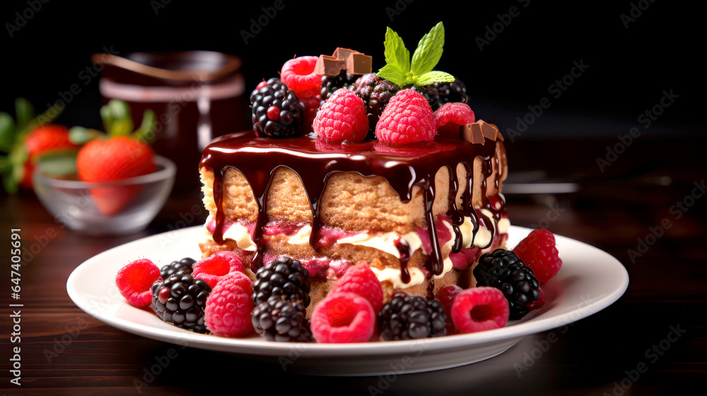 Deliicious cake with raspberry, strawberry, blackberry, blueberry, mint and chocolate mousse on a plate on a dark background. Haute cuisine Deliicious cake with raspberry, strawberry, blackberry, blueberry, mint and chocolate mousse on a plate on a dark background. Haute cuisine