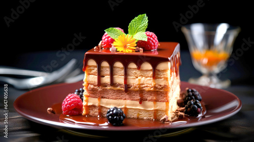 Deliicious cake with raspberry, blackberry, mint and chocolate mousse on a plate on a dark background. Haute cuisine photo