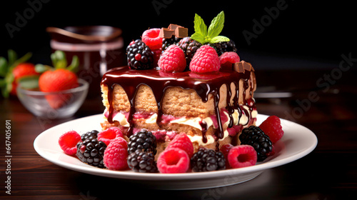 Deliicious cake with raspberry  strawberry  blackberry  blueberry  mint and chocolate mousse on a plate on a dark background. Haute cuisine