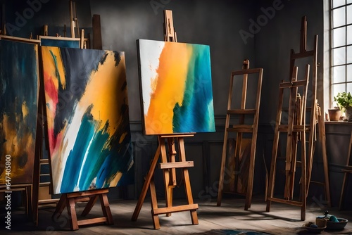 an impeccably detailed still life photograph of a wooden artist's easel holding a half-finished canvas covered in vibrant, abstract strokes of oil paint - AI Generative