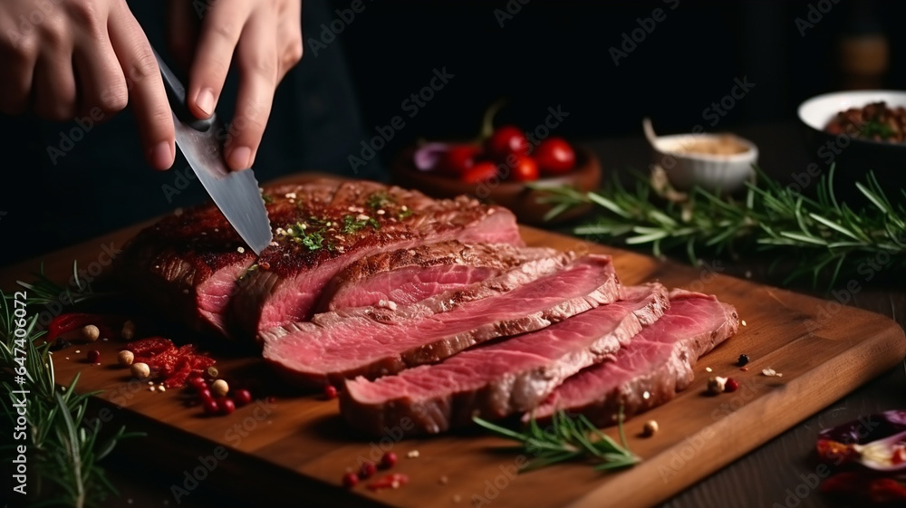 woman with knife on cutting board, close - up - obrazy, fototapety, plakaty 