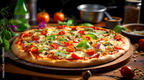 Delicious pizza on a wooden board with vegetables