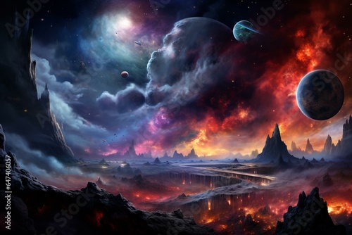 space scene with colorful nebula, planet, & spaceship. Generative AI © Akio