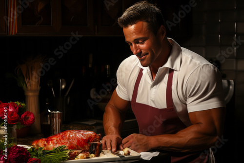 Captivating image of a fit man showcasing his culinary skills in a modern kitchen, epitomizing not only fitness and health, but also romantic commitment and domestic bliss.