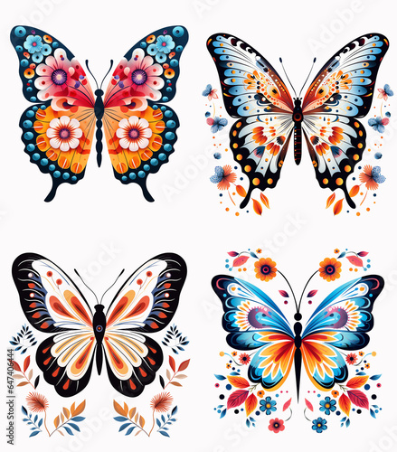 Colorful floral butterflies isolated on a white background clipart set. Clipart for crafts, art projects, scrapbooking