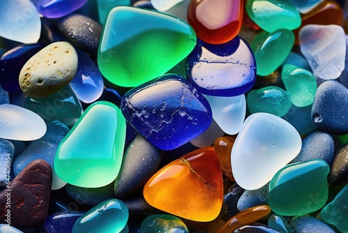 Colorful gemstones on a beach. Polish textured sea glass