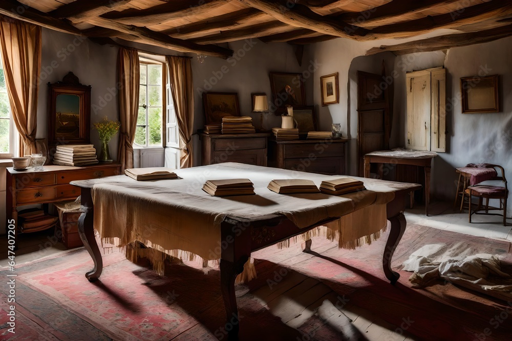 an old wooden table covered with torn tablecloth with a stack of books on it - AI Generative