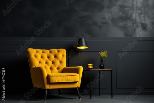 Dark room with yellow armchair on black wall background. © GalleryGlider