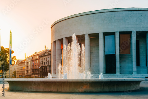 Monumental art gallery and fountain in the center of the city of Zagreb at sunrise. Croatia photo