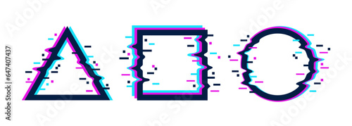 Distorted geometric shapes with pixel glitch effect. Cyberpunk triangle, circle, square with optical decay illusion. Acid rave minimal design. Vector illustration