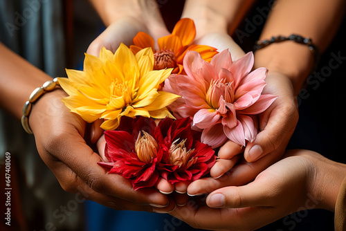 Vibrant display of multicultural unity, hands holding diverse flowers releasing colorful petals on a plain backdrop. A symbol of inclusion and celebration. photo