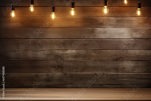 Empty brown wood plank board shelf at grunge concrete wall