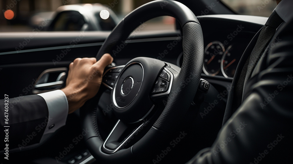 close up of a male hands holding the steering wheel of the luxury car.