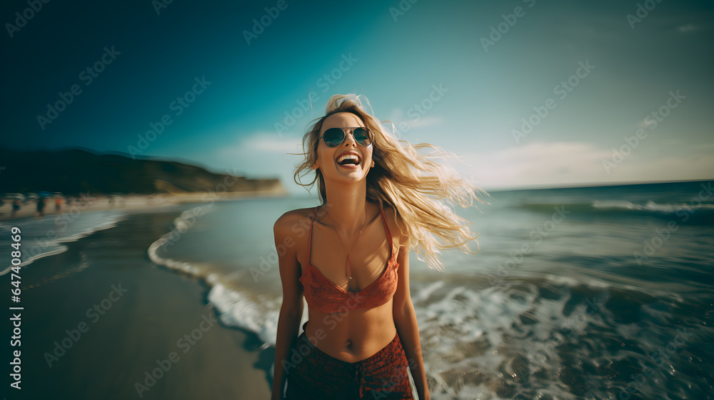 In a delightful summer beach portrait, an excited blonde woman stands against the backdrop of the sun-kissed shoreline. Her infectious smile radiates pure happiness, Generative AI illustration