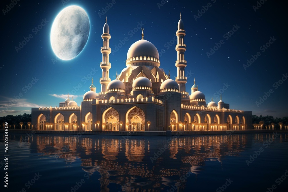 Nighttime 3D render of a beautiful mosque with a crescent moon, creating a Ramadan Kareem banner design. Generative AI