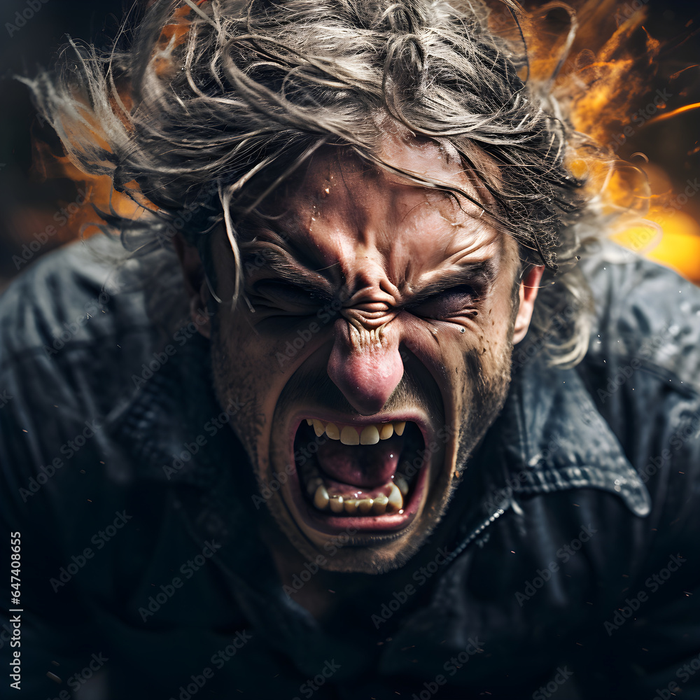 man wears an angry expression,his face contorted with frustration or ...