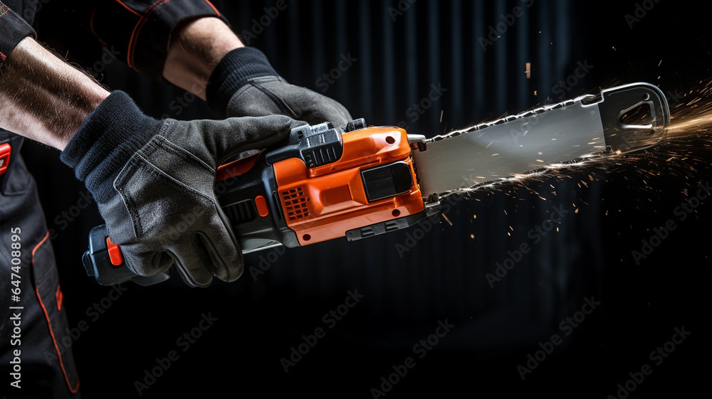 hand holding a chainsaw on a wooden table