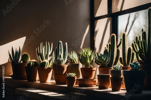 an ultra-realistic still life composition of a sunlit windowsill with a collection of potted succulents and cacti - AI Generative