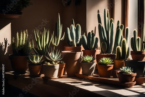 an ultra-realistic still life composition of a sunlit windowsill with a collection of potted succulents and cacti - AI Generative