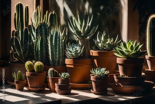 an ultra-realistic still life composition of a sunlit windowsill with a collection of potted succulents and cacti - AI Generative