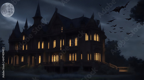 halloween spooky castle with bats in the night sky. 