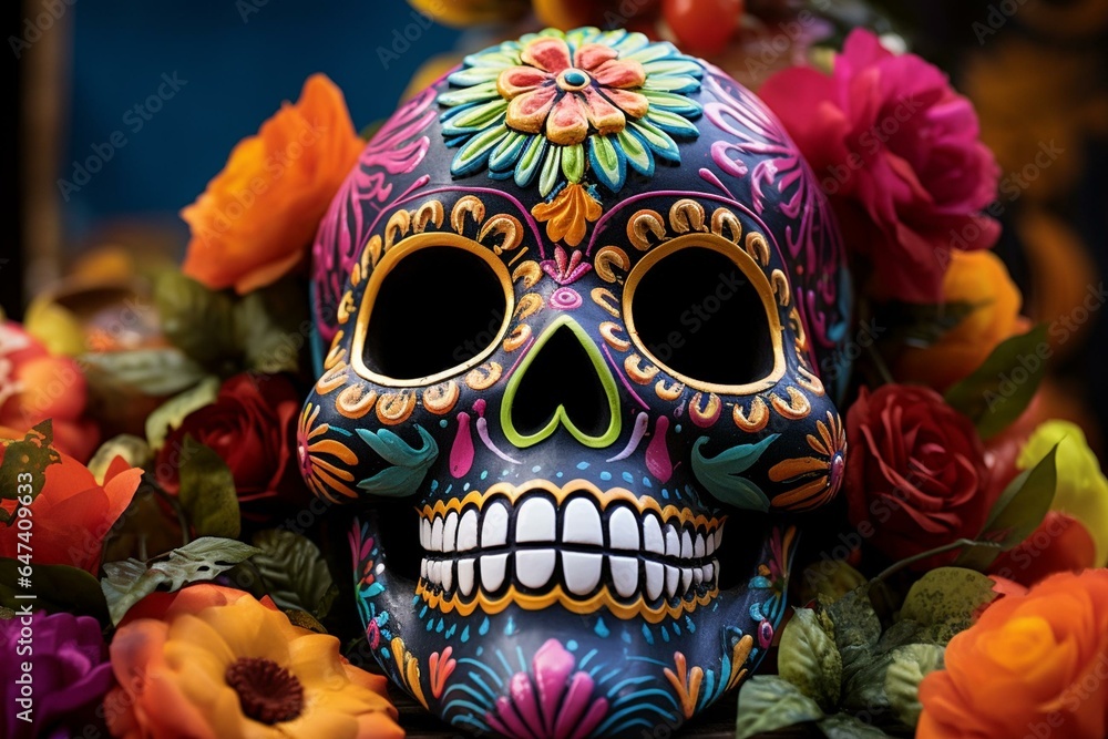 A festive sugar skull adorned with flowers, symbolizing the Day of the Dead celebration. Generative AI