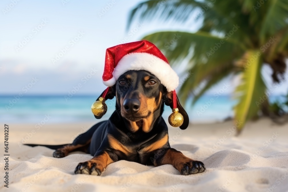 dog in Santa hat on the beach, Christmas and Happy New Year concept dog in Santa hat on the beach, Christmas and Happy New Year concept