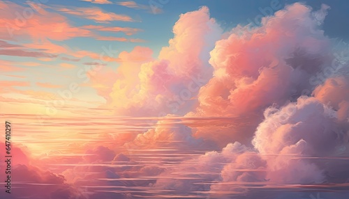 Beautiful sky painting with pink clouds and sunlight.