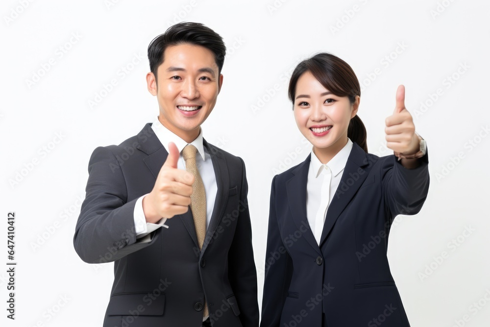 Asian businesswoman and businessman pointing thumbs up Asian businesswoman and businessman pointing thumbs up
