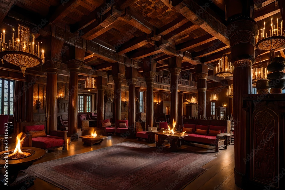 the opulent interior of a Viking castle, a breathtaking fusion of rugged strength and intricate beauty - AI Generative the opulent interior of a Viking castle, a breathtaking fusion of rugged strength and intricate beauty - AI Generative