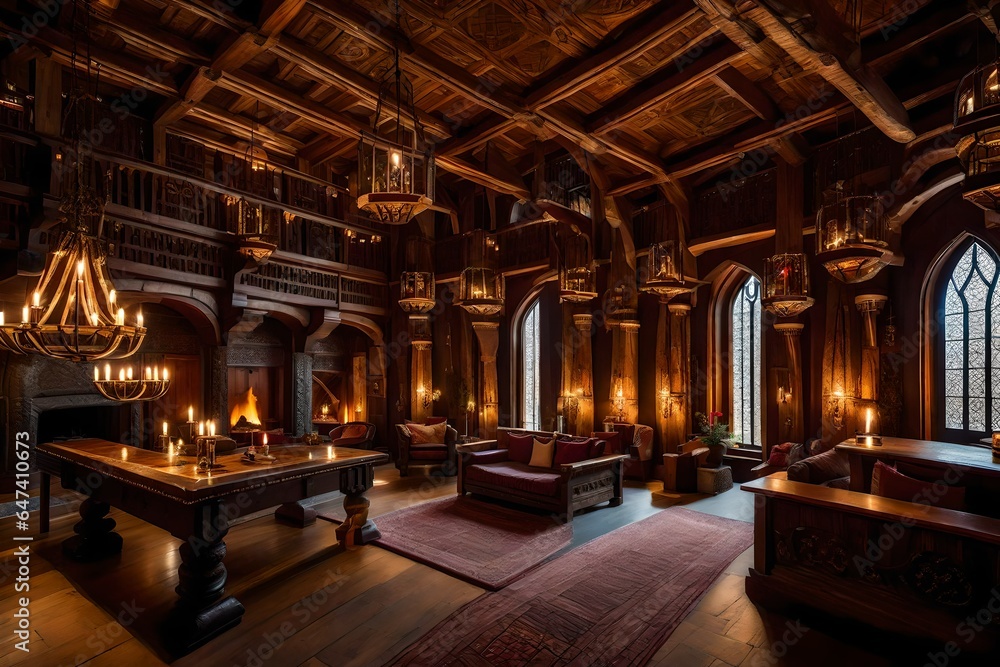 the opulent interior of a Viking castle, a breathtaking fusion of rugged strength and intricate beauty - AI Generative