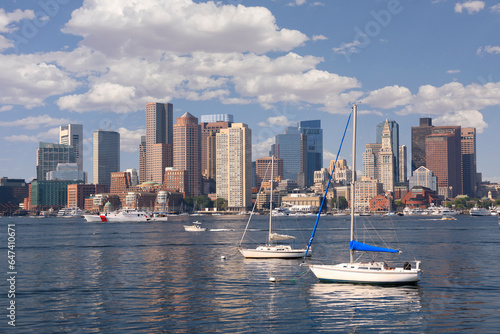 Boston skyline and harbor with boats and Atlantic Ocean on the foreground, USA © vlad_g