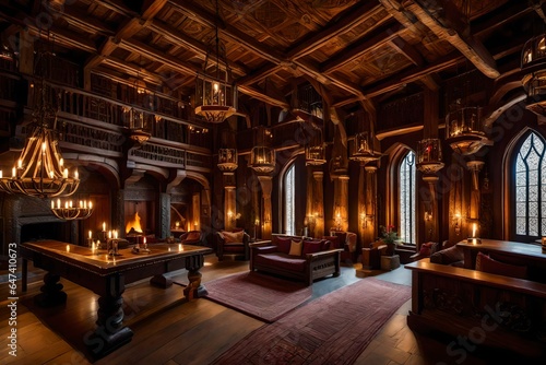 the opulent interior of a Viking castle  a breathtaking fusion of rugged strength and intricate beauty - AI Generative