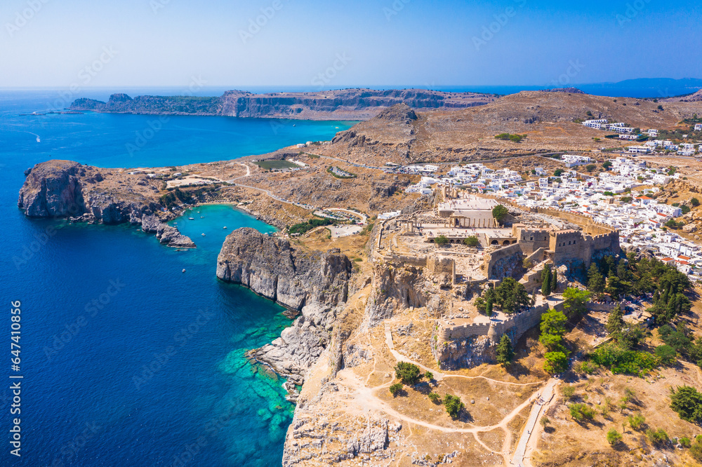 Panoramic view of Lindos village and Acropolis, Rhodes, Greece