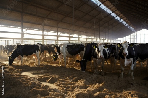 Cows feeding in a barn at a dairy farm. Generative AI