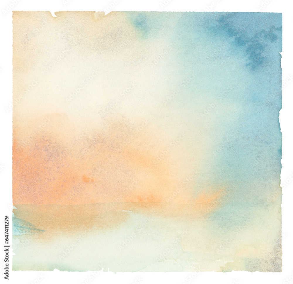 Ink watercolor hand drawn smoke flow stain blot on wet paper texture background. Beige, blue pastel colors.
