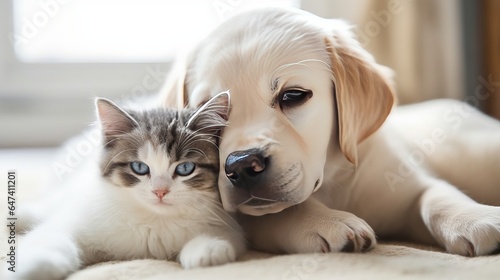 Adorable puppy and kitten lying together in a loving embrace