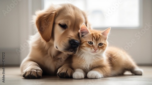 Adorable puppy and kitten lying together in a loving embrace