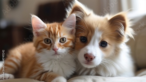 Adorable puppy and kitten lying together in a loving embrace