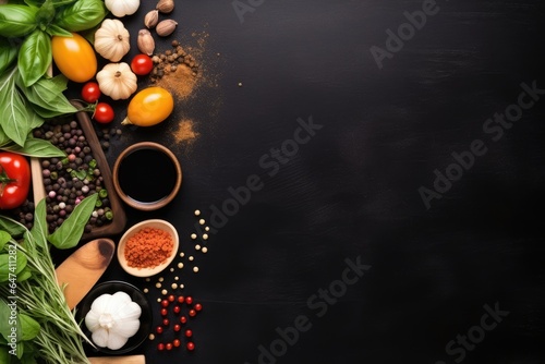 Black table with food ingredients and utensil top view