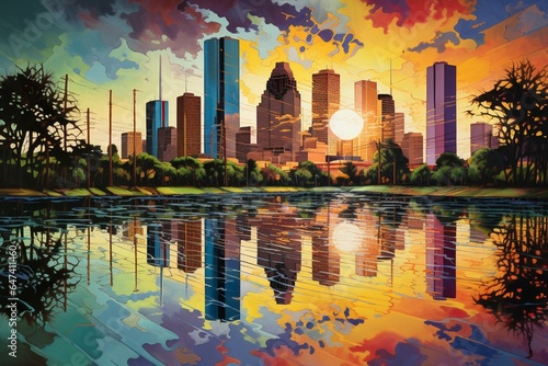 Colorful depiction of Houston's cityscape reflected in water. Generative AI
