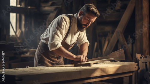 carpenter working with a wood in a retro workshop © Vahagn