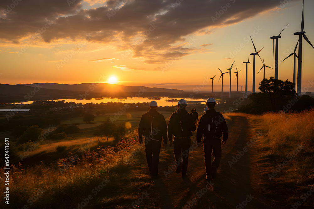 a group of engineers heading to the windmills to supervise them at sunset. Generative AI