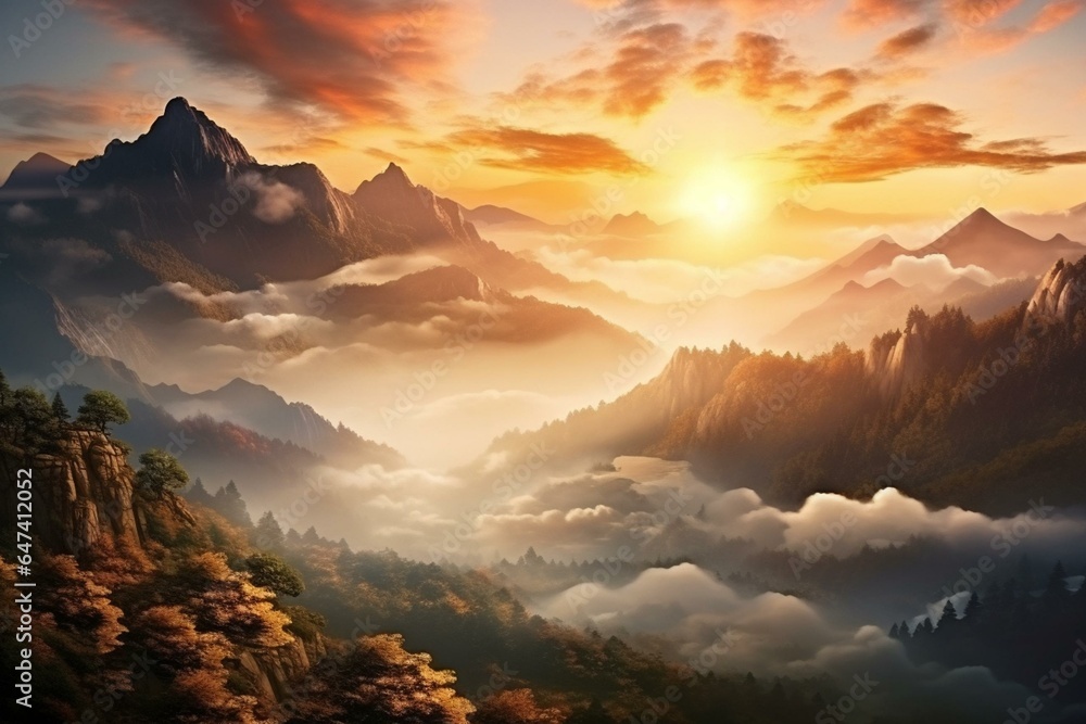 Beautiful mountain landscape at sunrise with warm, natural morning light. Generative AI