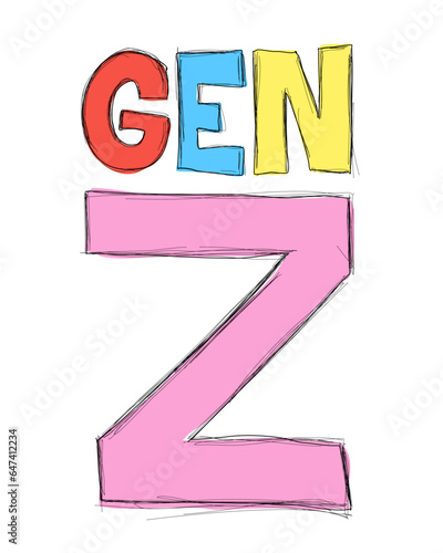 Gen Z and Generation Z - social and demographic group of young adults and teenagers. Bright colorful, vibrant and playful text. Vector illustration isolated on white.