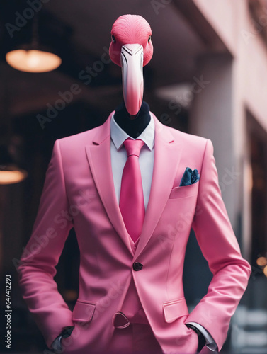 A flamingo in a pink suit. Generative AI.