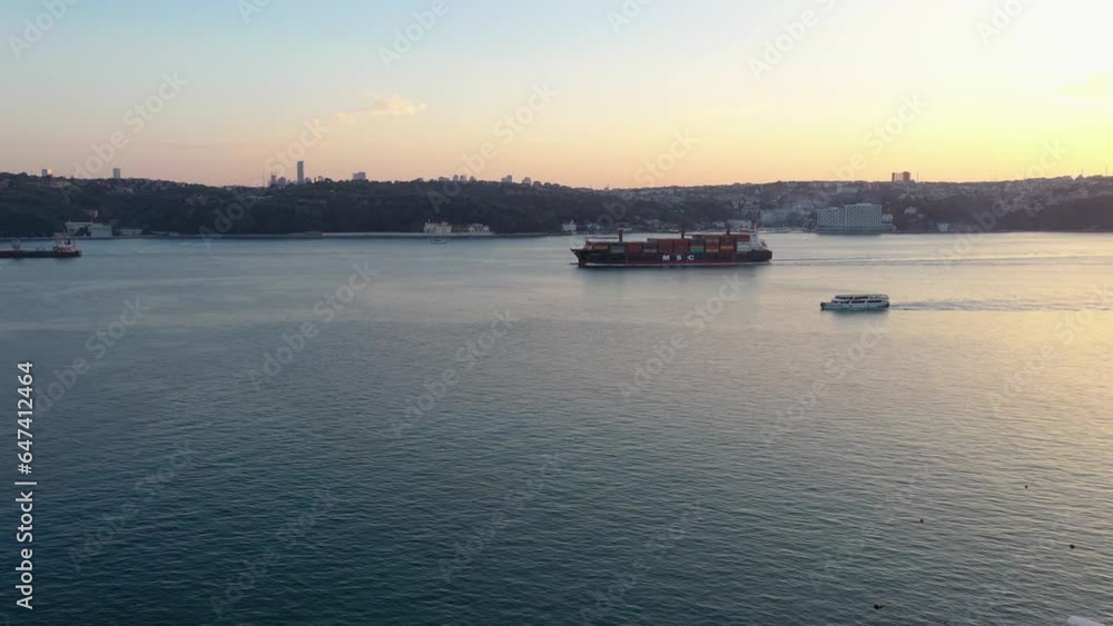 Aerial view of ships sailing with a drone in the wavy sea of Istanbul. Aerial view of ships sailing with a drone in the wavy sea of Istanbul.