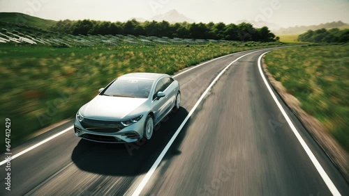 Electric car driving through landscape. Solar power plant and Windmills. 3d animation