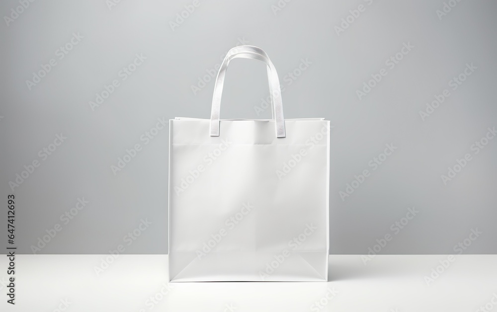 Blanc white paper shopping bag on white floor over gray background. Mock-up tote bag item template. Copy space. Shopping sale delivery concept. Blanc white paper shopping bag on white floor over gray background. Mock-up tote bag item template. Copy space. Shopping sale delivery concept.
