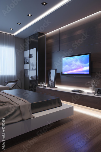 High-tech style bedroom interior in luxury house.